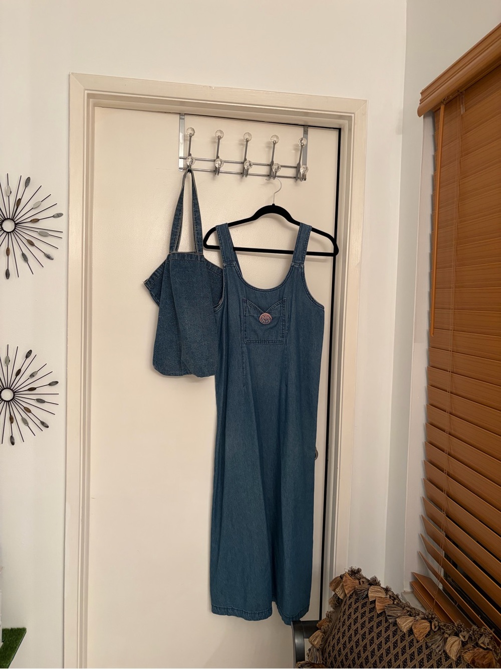 Denim Pinafore Jumpsuit with Matching Tote handmade ceramic cat pin Made in USA